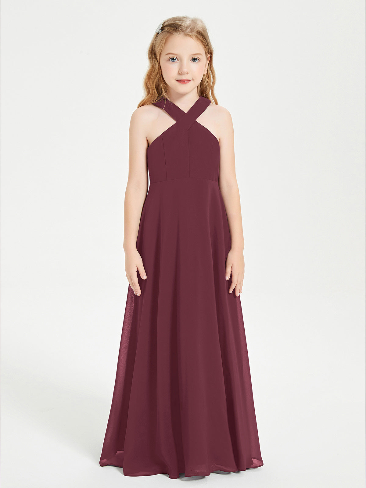 Grecian Neckline Long Dresses for Junior Bridesmaids Cabernet